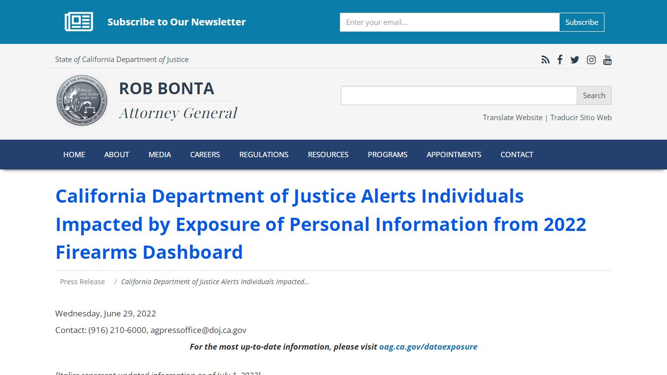 California Department of Justice Alerts Individuals Impacted by ...