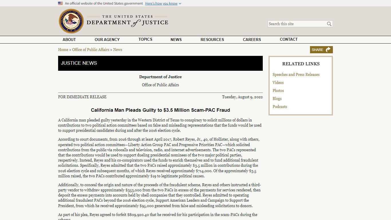 California Man Pleads Guilty to $3.5 Million Scam-PAC Fraud